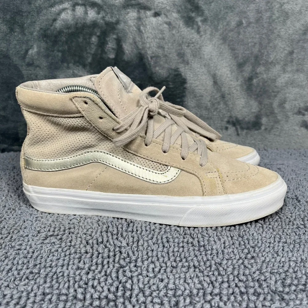 Vans Sk8-Hi Slim Beige Tan Suede Metallic Silver Stripe High Top Sneakers 8.0